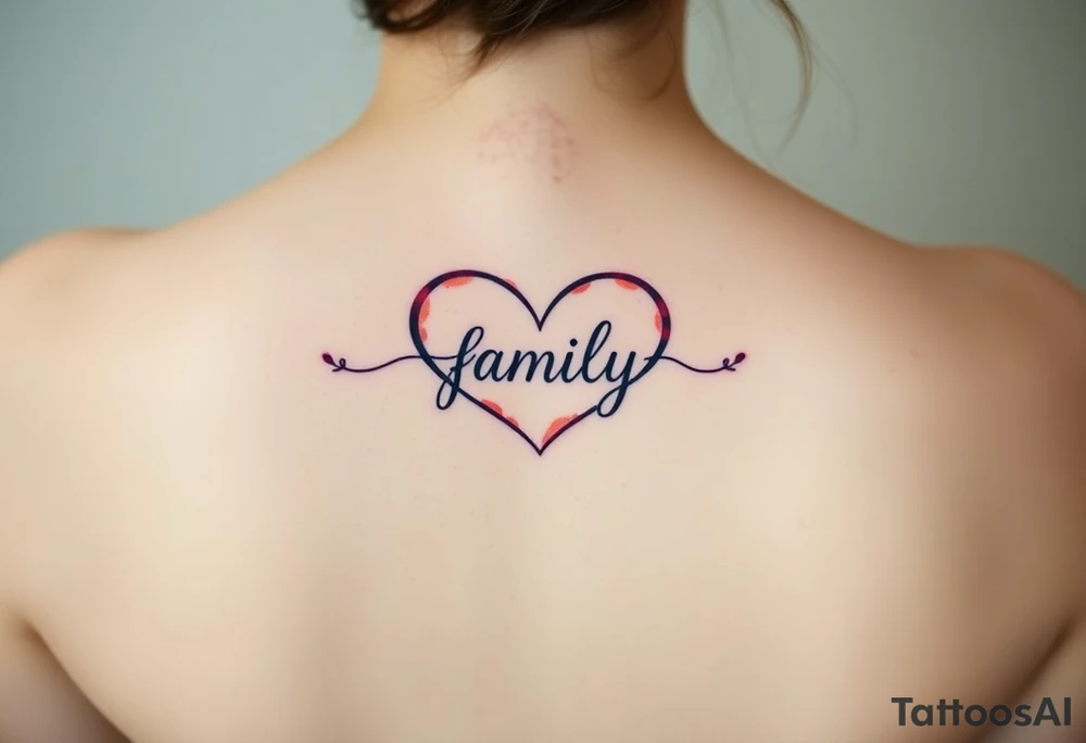 An infinity symbol with a heart-shaped infinity loop, and the word "family" elegantly placed at the center in a soft script tattoo idea