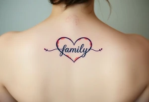 An infinity symbol with a heart-shaped infinity loop, and the word "family" elegantly placed at the center in a soft script tattoo idea