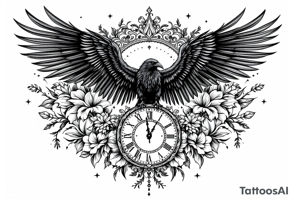 mandala winged black raven surrounded by flowers standing on a clock face tattoo idea