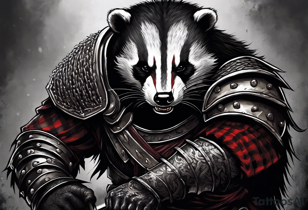Draw me psychopath Badger/Berserker with aggressive full body, killer face with a scary smile, very long nails and he attacks like a Bloody Assassin/Warrior/Gladiator to us and also, he has very deadly looking. He fights with his nails. Everybody scares after their first sight. Give me horror type Badger Tattoo. I want to see his Realistic full body. tattoo idea