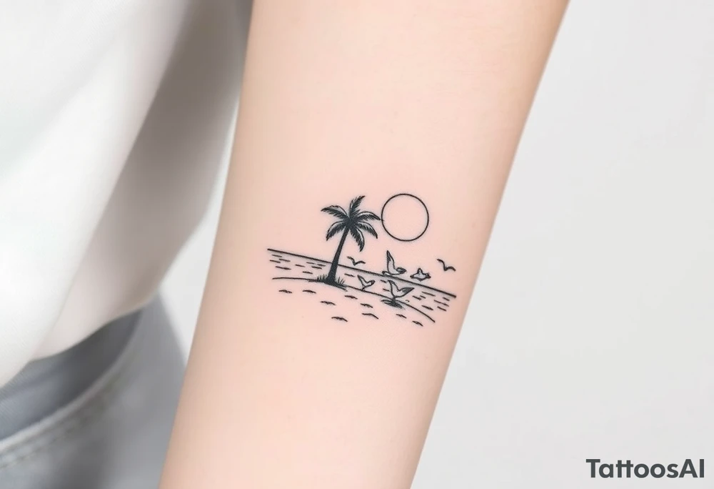 happy, peaceful, serene, timeless, ocean, sand, palm tree, seagulls, sun tattoo idea