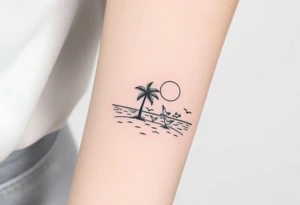 happy, peaceful, serene, timeless, ocean, sand, palm tree, seagulls, sun tattoo idea