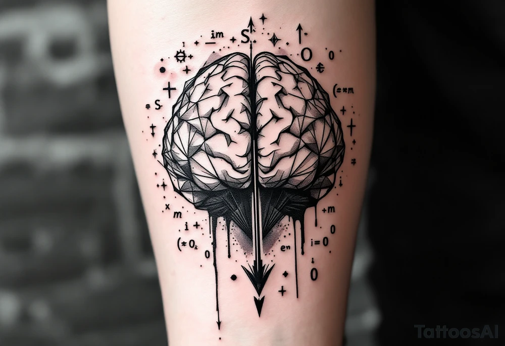 A front-seen brain in geometric and straight lines, math symbols arround. A detailed arrow crosses from below and exit from the top, with its tip desintegrating to represent entropy and watercolor stains spilled from the arrow. Around of the main tattoo, math and physics formulas, including the formula "ΔS ≥ 0" and the formula "(iδ + m) Φ = 0" tattoo idea