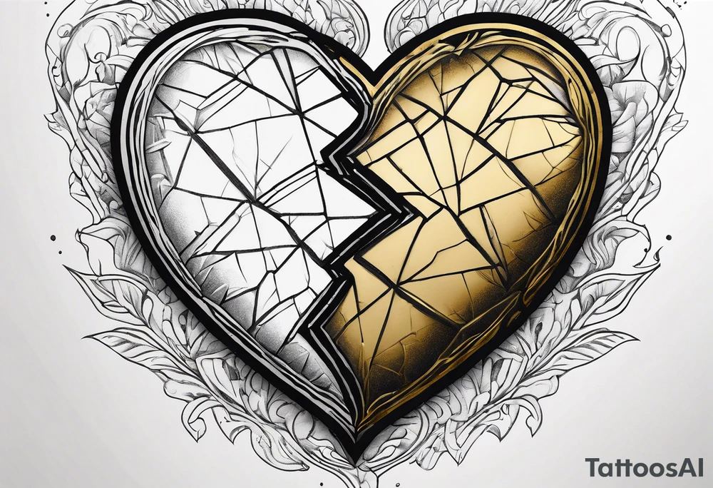 Realistic broken  heart with gold sealant lines tattoo idea
