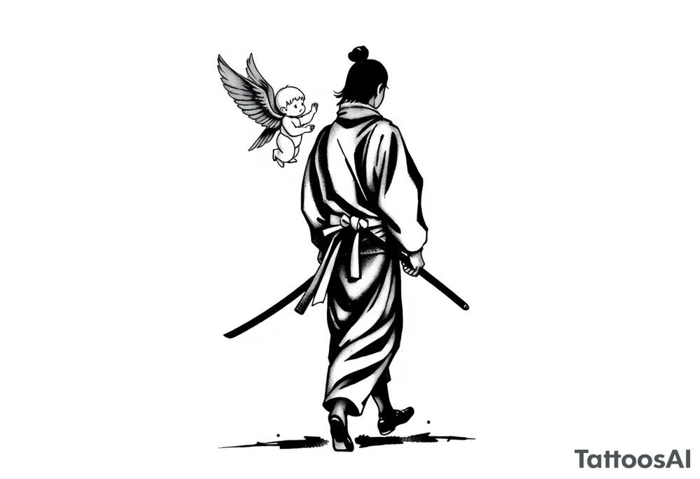 "Blackwork tattoo sketch of a lone samurai walking forward, shown in dramatic silhouette style. The samurai wears traditional kimono and hakama, holding a katana in one hand with the blade pointing downward. Behind him floats a small child angel with detailed feathered wings, gently touching the samurai’s back with one hand, as if stopping or guiding him. Strong contrast, dynamic ink splatter, rough brush strokes, Japanese sumi-e vibe, emotional and symbolic composition, high detail linework, no background." tattoo idea