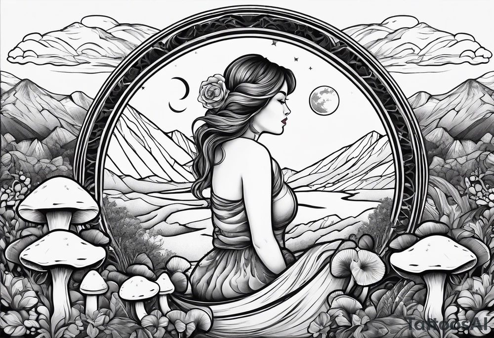 Chubby older girl surrounded by mushrooms crescent moon mountains background tattoo idea