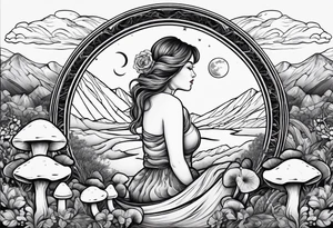 Chubby older girl surrounded by mushrooms crescent moon mountains background tattoo idea