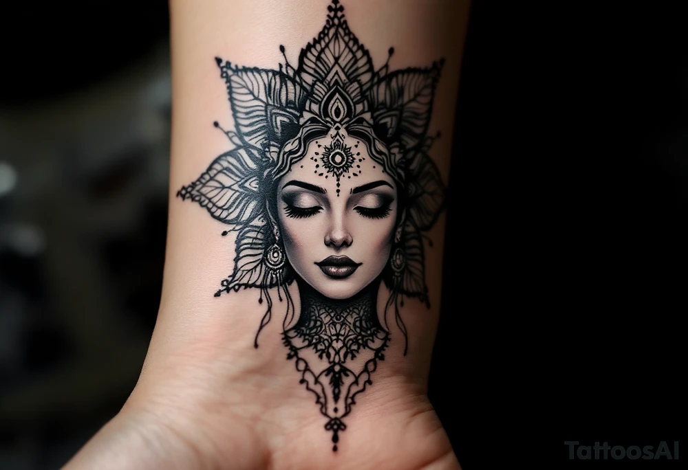 beautiful woman dmt deity with mandala fully behind head tattoo idea