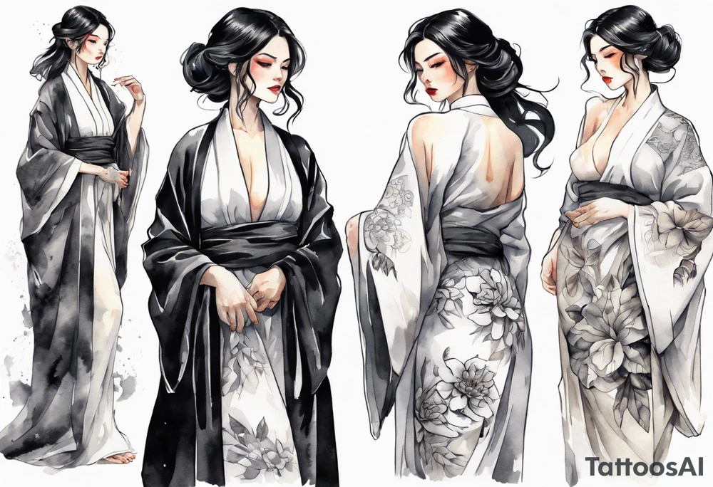 a black-haired woman dressed in a black and white robe, middle-aged, beautiful tattoo idea
