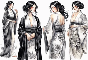 a black-haired woman dressed in a black and white robe, middle-aged, beautiful tattoo idea