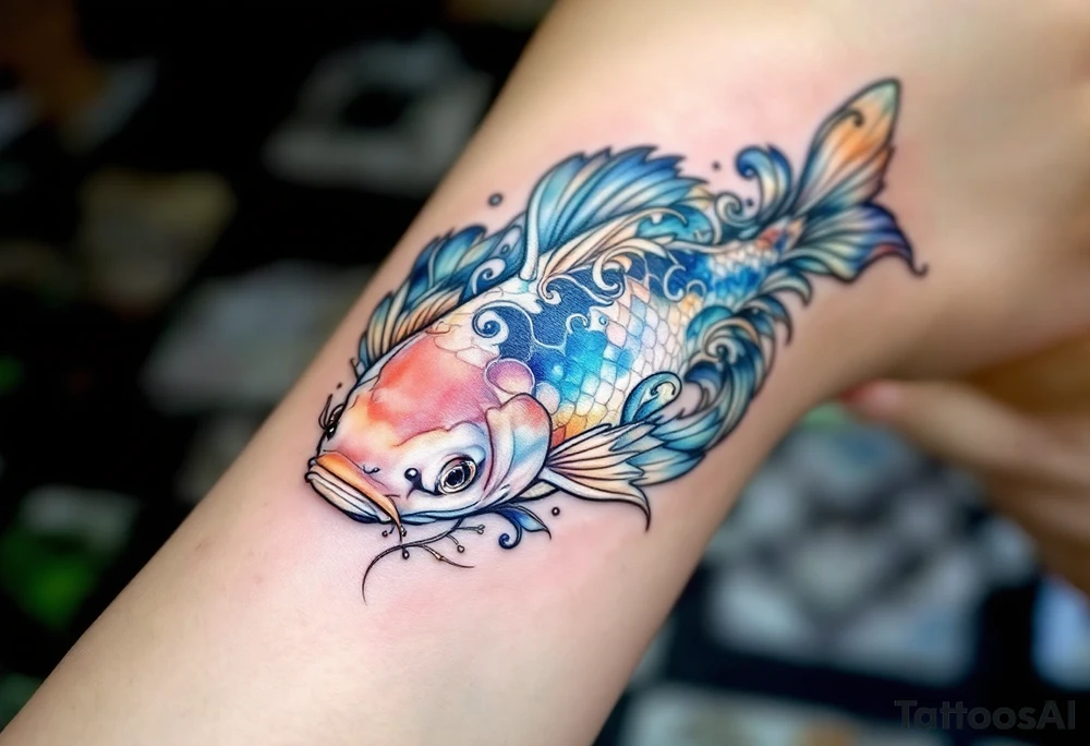 A carp with swirling water waves in an Art Nouveau style, with pastel blue and silver accents for an elegant, vintage feel tattoo idea