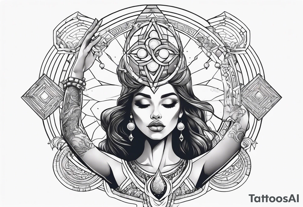 Woman , hands above her head, holding orb of creation tattoo idea