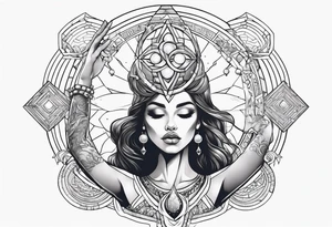 Woman , hands above her head, holding orb of creation tattoo idea