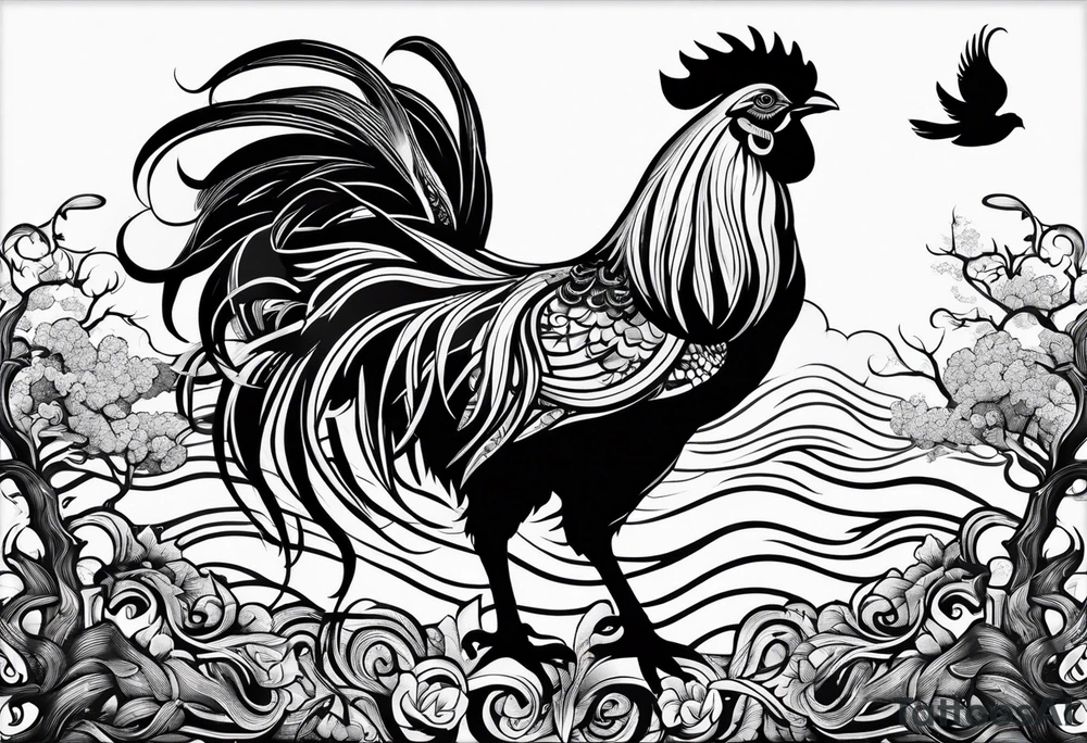 oak tree with rooster and roots and waves and three birds tattoo idea