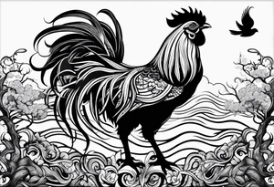 oak tree with rooster and roots and waves and three birds tattoo idea
