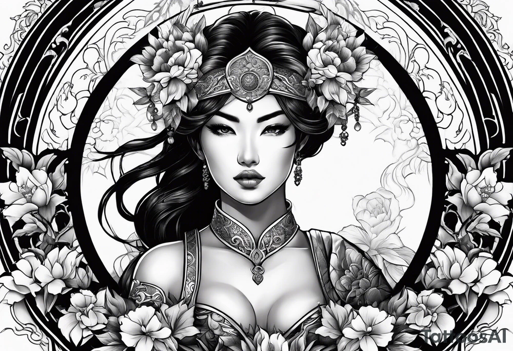 ornate beautiful woman warrior with weapon & floral arch background tattoo from head to torso tattoo idea
