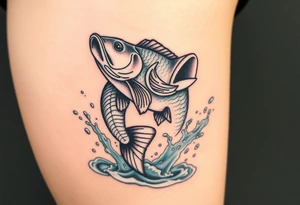 A carp leaping out of a lake, with splashes of water frozen in mid-air, showcasing its strength and agility. tattoo idea