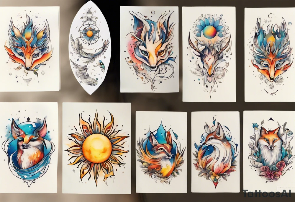fisch, fuchs und eule , symetrie  sonne, universum, bunt, " sapere aude" tattoo idea
