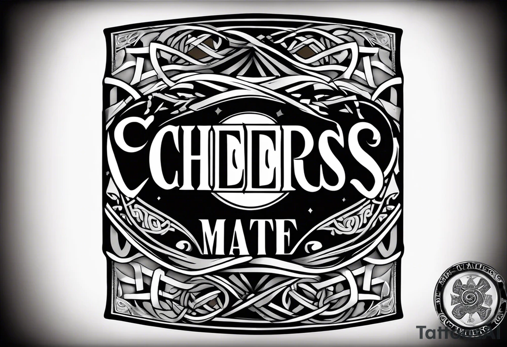 "Cheers Mate" text black and grey ink armband +Celtic +grey Cancer Ribbon +tribal +artistic tattoo idea