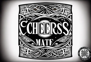 "Cheers Mate" text black and grey ink armband +Celtic +grey Cancer Ribbon +tribal +artistic tattoo idea