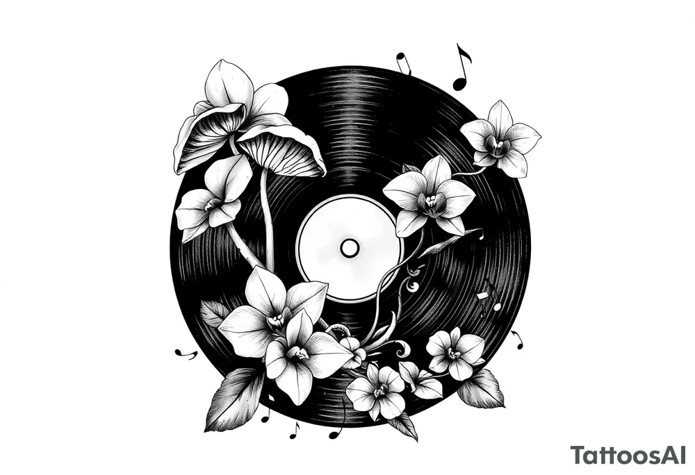 one black and white vinyl record with mushrooms, two orchids, and music notes around it tattoo idea