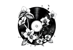 one black and white vinyl record with mushrooms, two orchids, and music notes around it tattoo idea