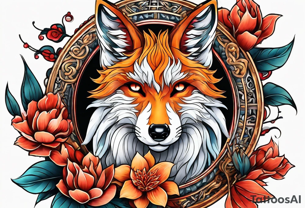 Kitsune rota en llamas tattoo idea