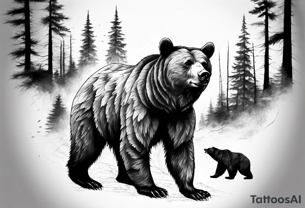 Realistic bear and forrest sleeve tattoo idea