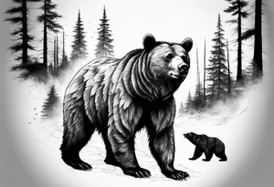 Realistic bear and forrest sleeve tattoo idea