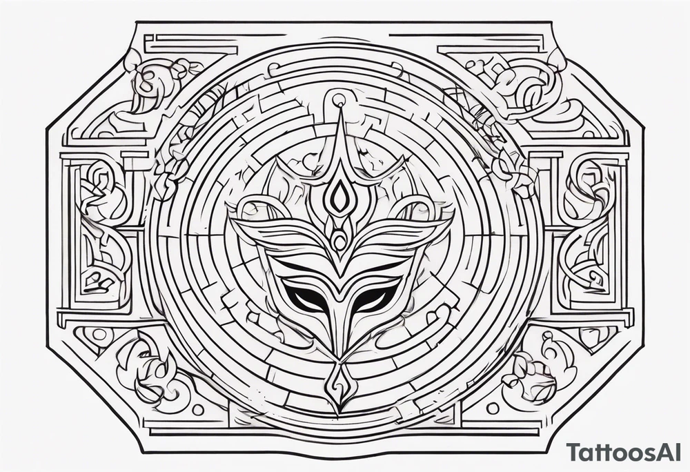 Labyrinth with symbols of bells and masquerade tattoo idea
