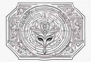 Labyrinth with symbols of bells and masquerade tattoo idea