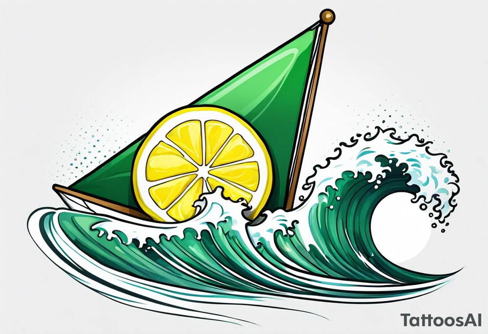 A lemon-Buoy with a green leaf-flag on waves tattoo idea