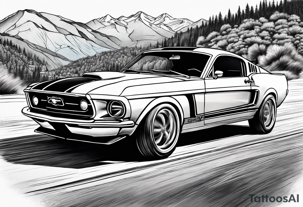 ford mustang speeding through the mountains tattoo idea