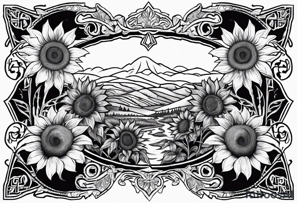 Beautiful symmetrical trail of sunflowers with the word NAJE in the middle tattoo idea