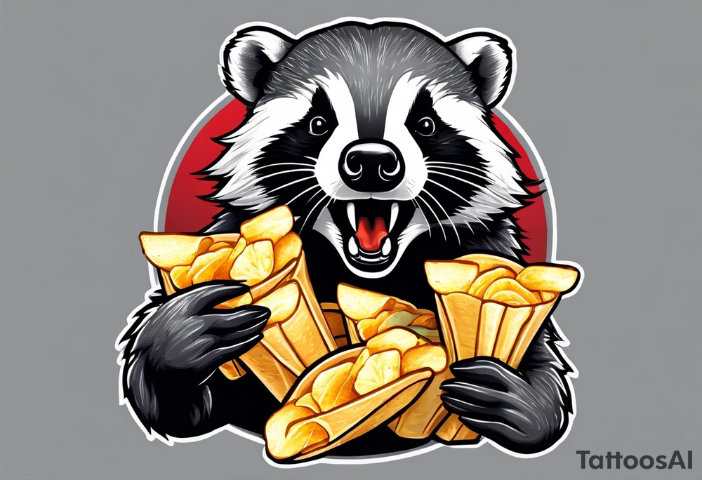 Angry badger with mouth open holding bag of chips tattoo idea
