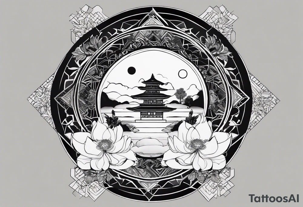 Very asymmetrical, +geometric pattern, with realistic full moon, with hippo, +zen feel, + Buddhism touch, +tribal, +geometric, +inkart , +blackwork
with wintersweet flower bud, +portrait orientation, +inkart touch, tattoo idea