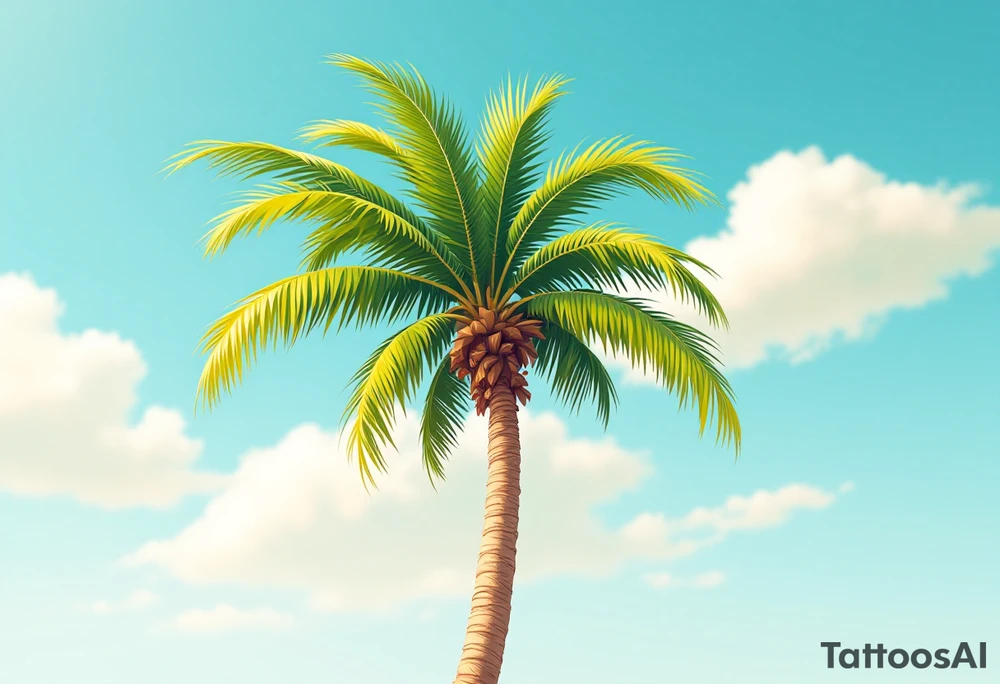 A tall, slender palm tree with a textured sandy-brown trunk and wide, vibrant green fronds gently arching outward, set against a clear turquoise sky with golden sunlight highlighting the leaf edges. tattoo idea