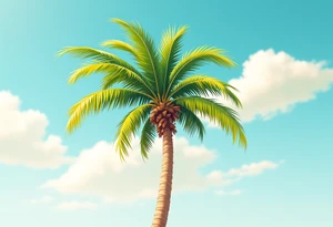 A tall, slender palm tree with a textured sandy-brown trunk and wide, vibrant green fronds gently arching outward, set against a clear turquoise sky with golden sunlight highlighting the leaf edges. tattoo idea