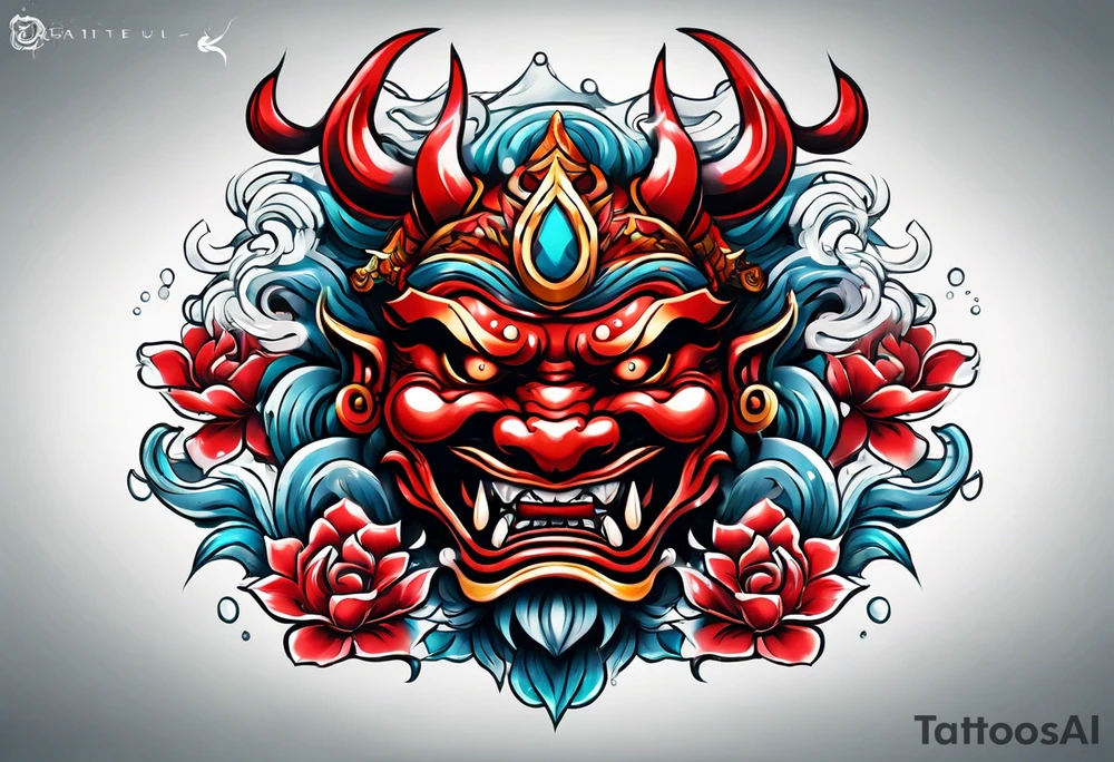 red oni mask floating in water tattoo idea