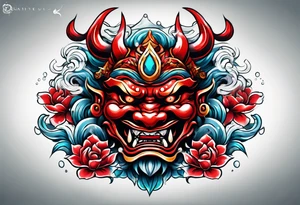red oni mask floating in water tattoo idea