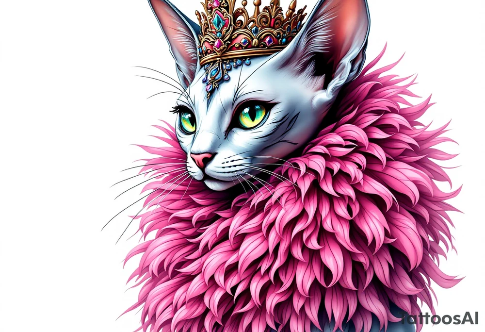 Glamorous sphinx cat with a pink feather boa and wearing a crown tattoo idea