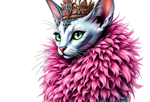 Glamorous sphinx cat with a pink feather boa and wearing a crown tattoo idea