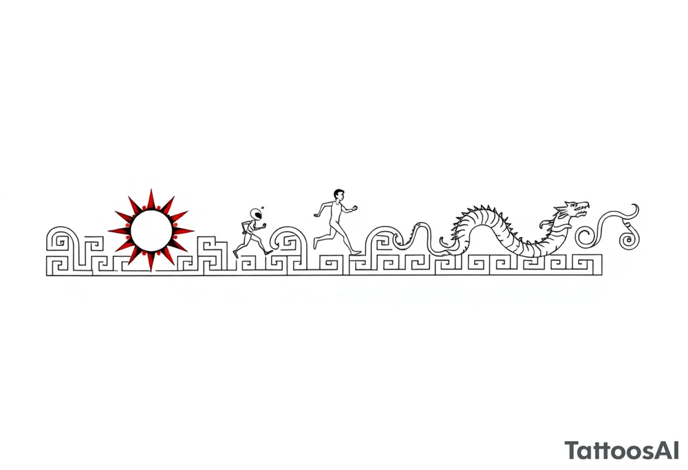 "Ultra-thin horizontal black line tattoo design (ratio 20:1), 1px precise line art. Greek meander pattern with integrated minimalist symbols:  
- ◍ Red sun (3mm, 4 sharp rays)  
- ▷◁ Running person (angular, 3 lines)  
- △◯△ Alien (geometric, 2mm height)  
- ⋎⋏ Dragon (zigzag, 4 spikes)  

Критические требования:  
1. All symbols MUST connect to the main meander line — no floating elements.  
2. ONLY black lines and red sun (no other colors).  
3. NO shading, NO background, NO realism — pure vector-style art.  
4. Seamless loop for 360° forearm wrap (left and right edges MUST match).  

Style: Ancient Greek pottery meets cyber-minimalism, perfect for laser-cut stencil." tattoo idea