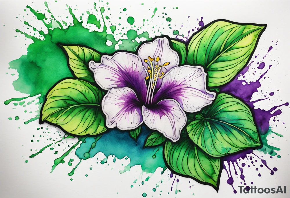 An outline of an only green rio dipladenia flower and a green and purple watercolor splash in the background tattoo idea