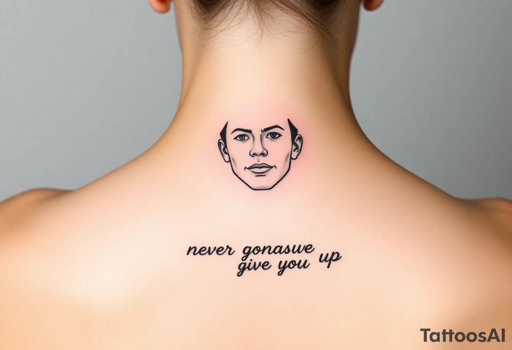 Young Rick Astley Face and Never Gonna Give You Up text tattoo idea
