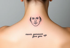 Young Rick Astley Face and Never Gonna Give You Up text tattoo idea