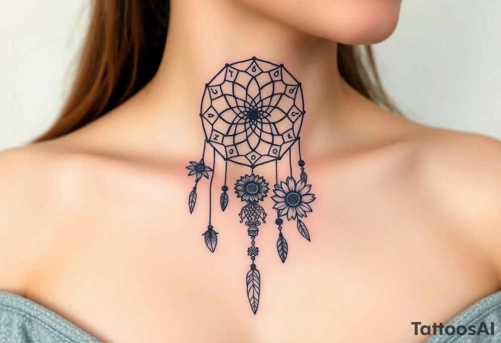Dreamcatcher with zodiac symbols and protection runes caught in it with tigerlillies roses and sunflowers tattoo idea
