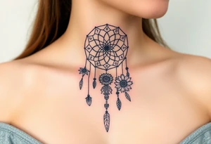 Dreamcatcher with zodiac symbols and protection runes caught in it with tigerlillies roses and sunflowers tattoo idea