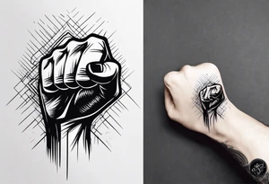 A clenched fist on the back using negative space techniques tattoo idea