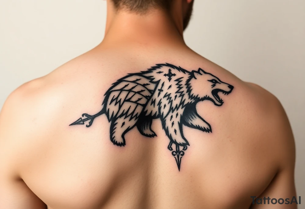 Nordic Viking themed bear on shoulder Vegvisir symbol tribal elder furthark bicep band tattoo idea